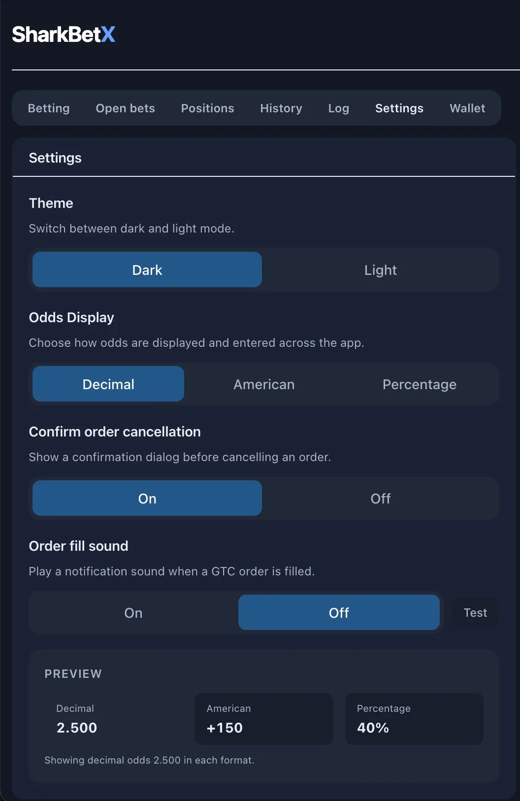 SharkBetX settings: theme, odds display (Decimal / American / Percentage with a live preview), order-cancellation confirmation, and a GTC order-fill sound.